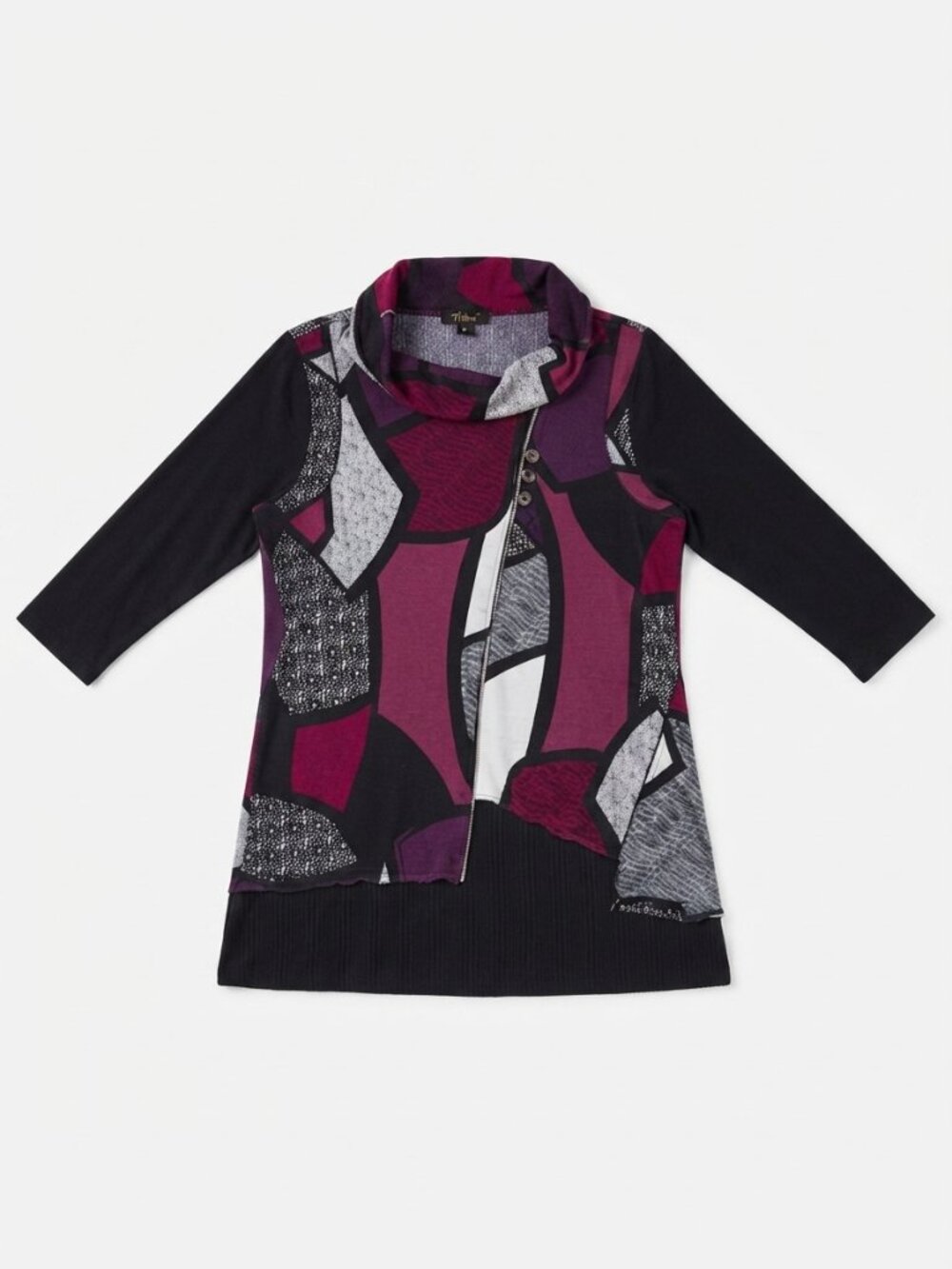 Emotions - Plum B&W - Abstract Geometric Cowl-Neck Sweater Tunic – Size Large